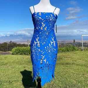 Lulus Blue Monstera Leaf Cocktail Spaghetti Strap Dress NWT M